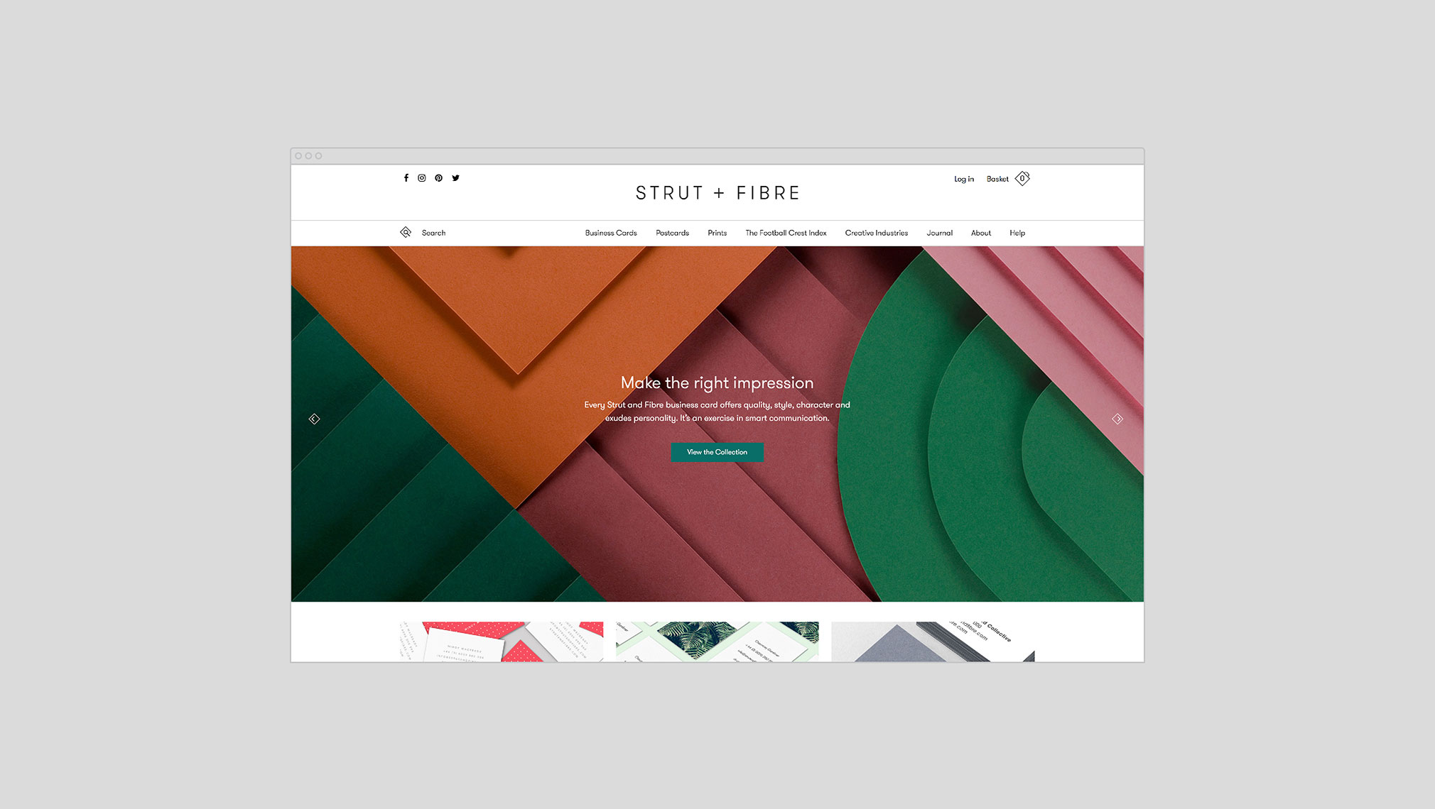 Contemporary e-commerce website design homepage for Strut and Fibre